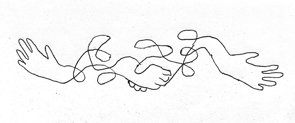 hands coming together by Gwenn Descar Illustration of hands by Gwenn Descamps